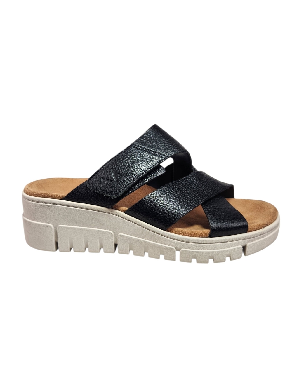 Vionic Black Leather Dual-Strap Slide with White Platform